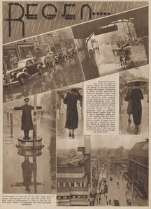 874701 Collage van 6 foto's betreffende de overvloedige regen in de stad, met o.a. afbeeldingen van het Oudkerkhof, het ...